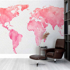 Custom Pink Watercolor World Map Wall Mural Wallpaper with Textured Background