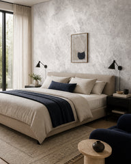 Light concrete texture wallpaper in a designer bedroom.