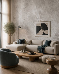 Light concrete texture wallpaper in a designer living room.