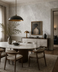 Light concrete texture wallpaper in a refined dining area.