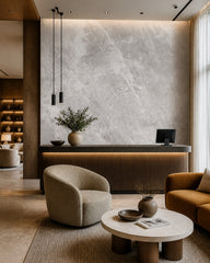 Light concrete texture wallpaper in a boutique hotel lobby.