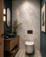 Light concrete texture wallpaper in an elegant powder room.