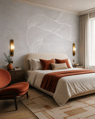 Abstract woman with flowing hair line art wall mural in a designer bedroom.