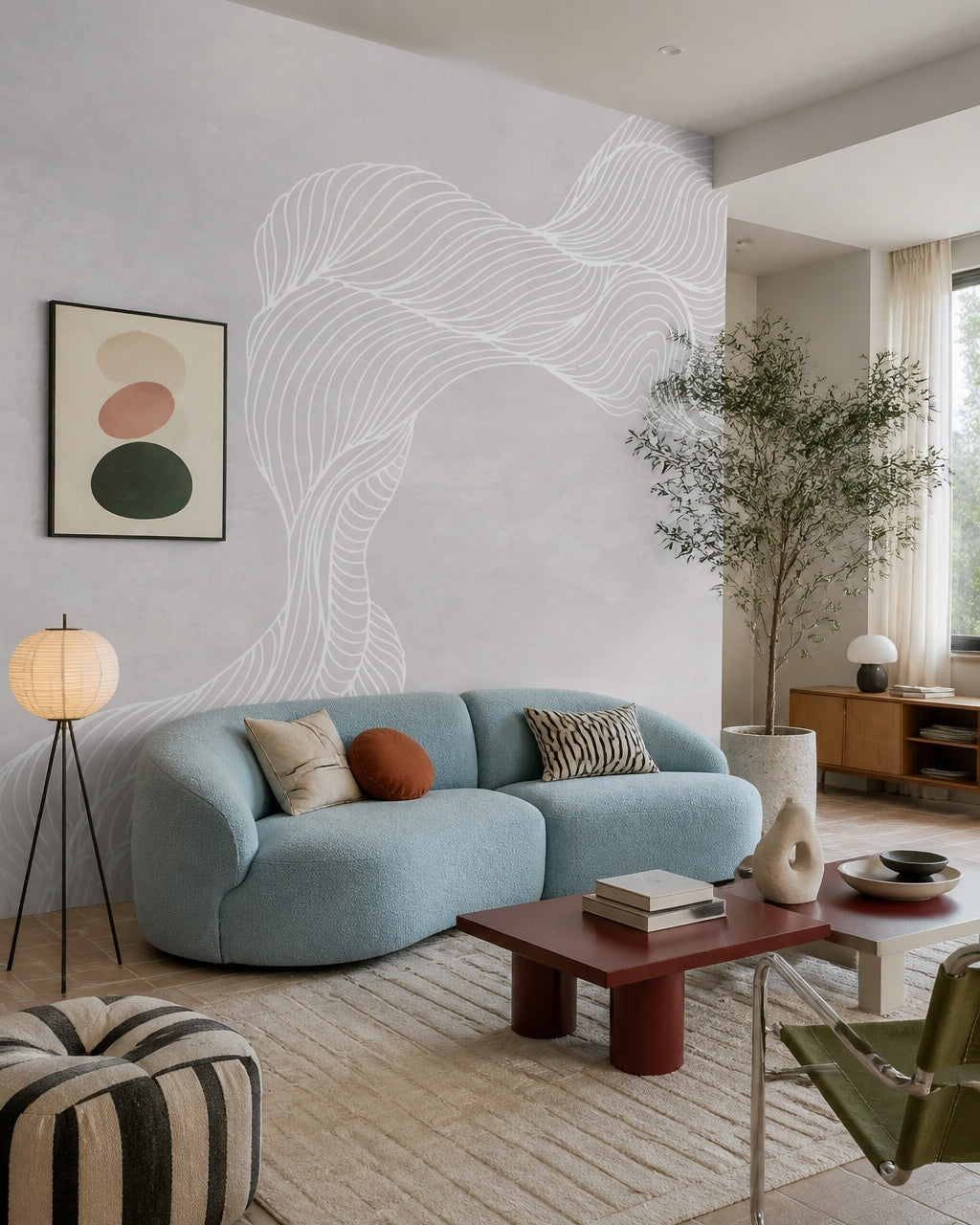 Abstract woman with flowing hair line art wall mural in a designer living room.