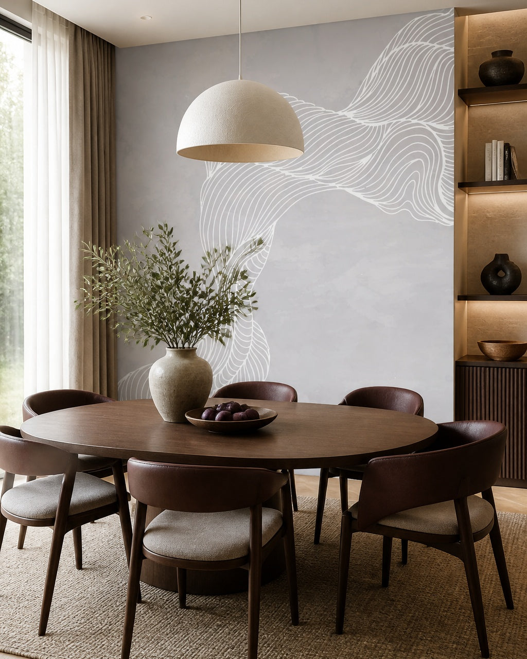 Abstract woman with flowing hair line art wall mural in a refined dining area.