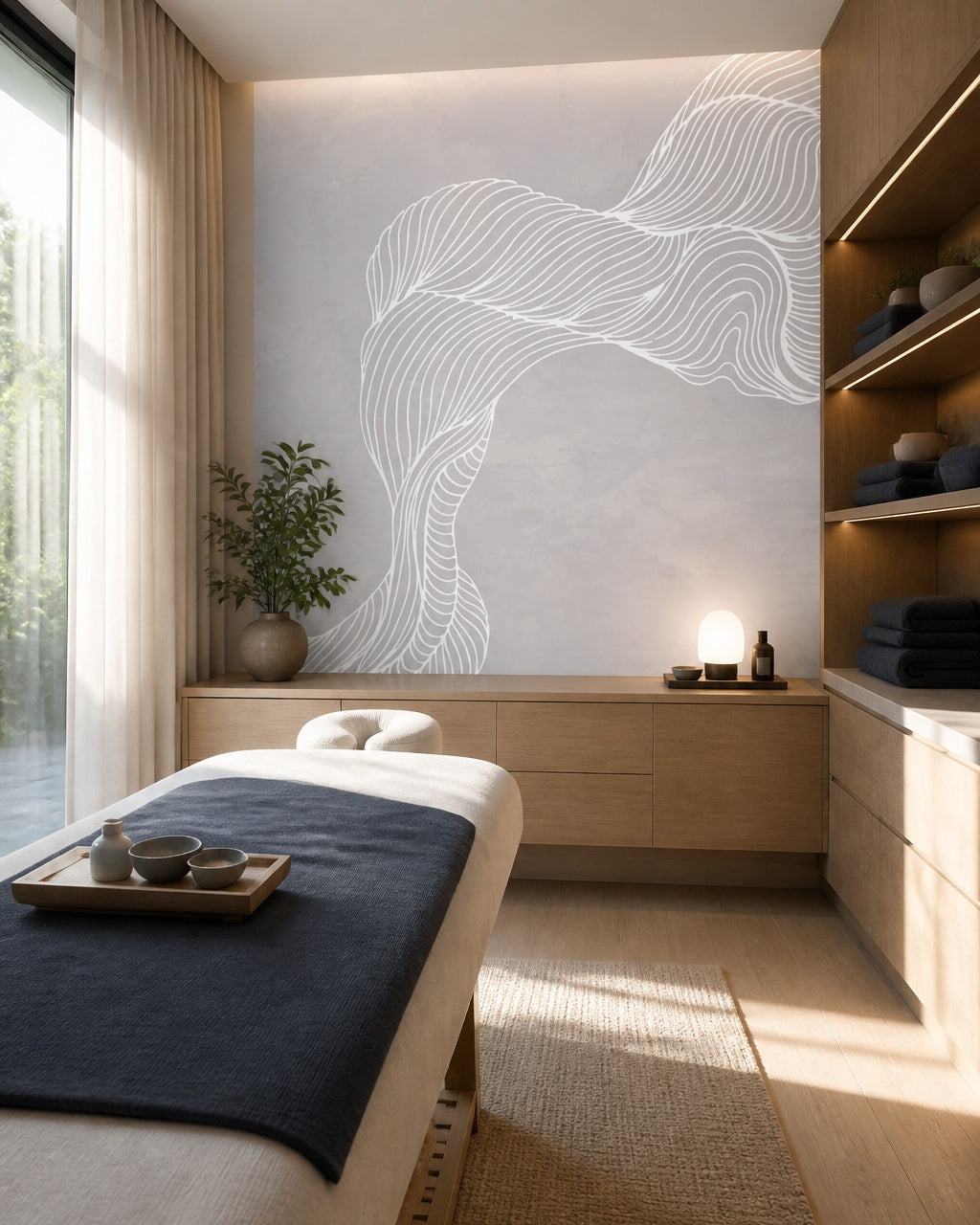 Abstract woman with flowing hair line art wall mural in a wellness spa.