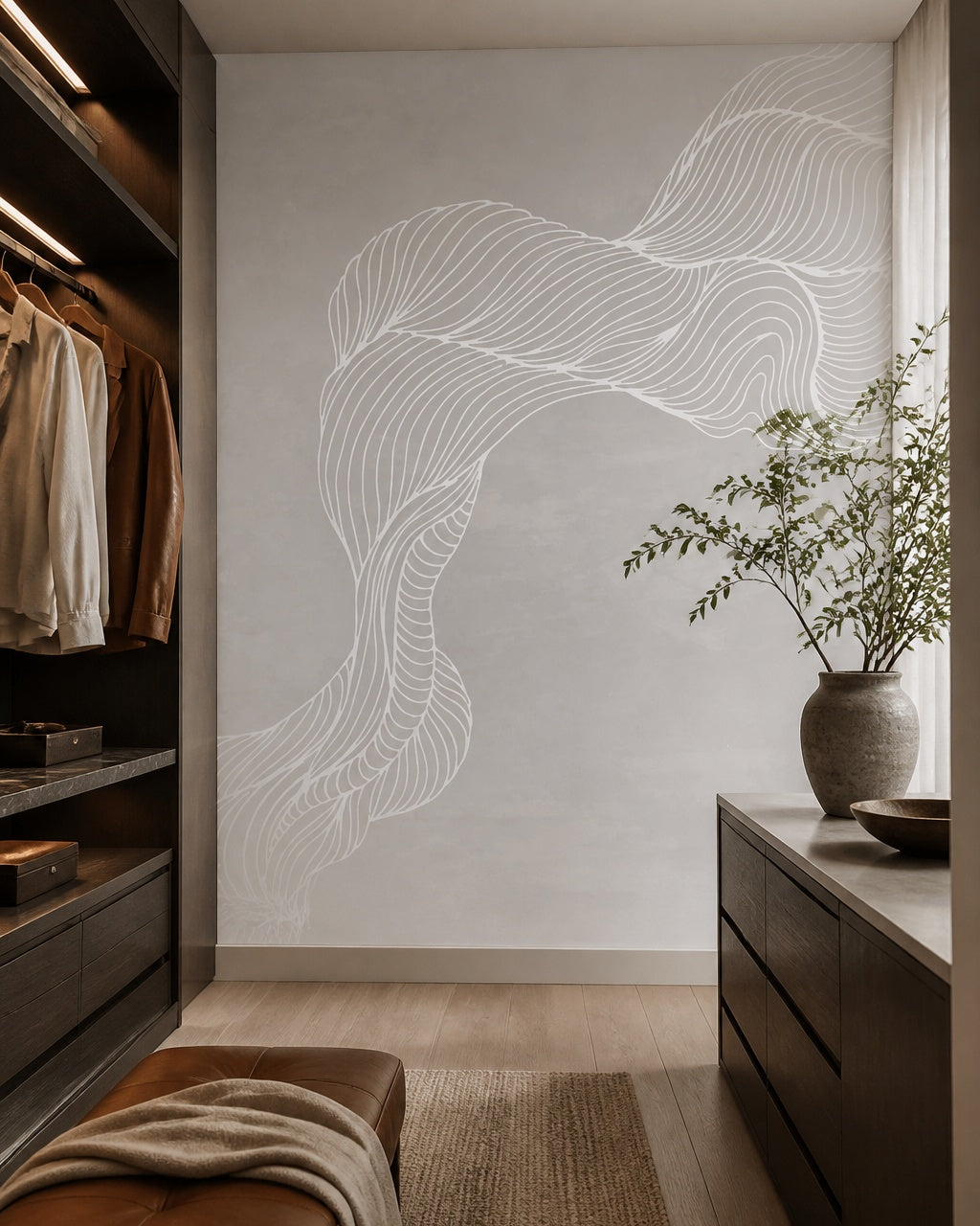 Abstract woman with flowing hair line art wall mural in a dressing room.