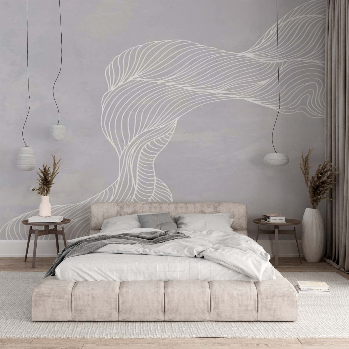 Minimalist white line art mural of a woman with flowing hair on a textured gray bedroom wall