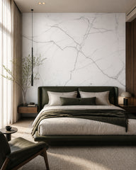 White marble wallpaper in a designer bedroom.