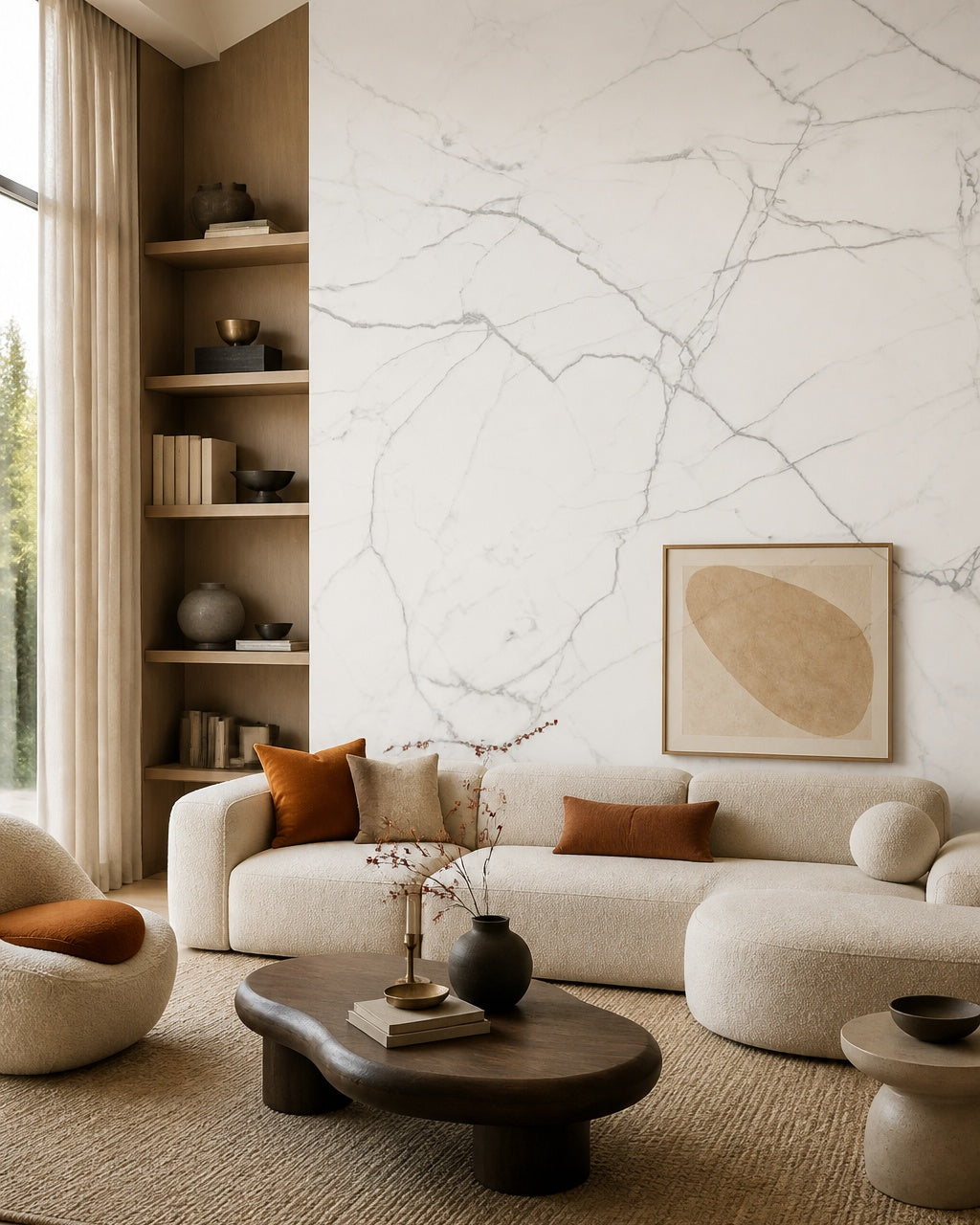 White marble wallpaper in a designer living room.