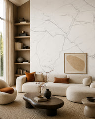 White marble wallpaper in a designer living room.