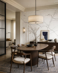 White marble wallpaper in a refined dining area.