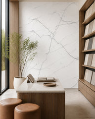White marble wallpaper in a design showroom.