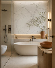 White marble wallpaper in a luxury bathroom.