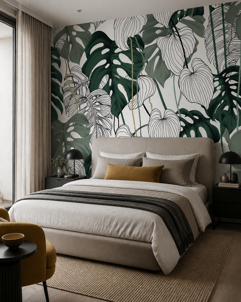Monstera line art wallpaper in a designer bedroom.