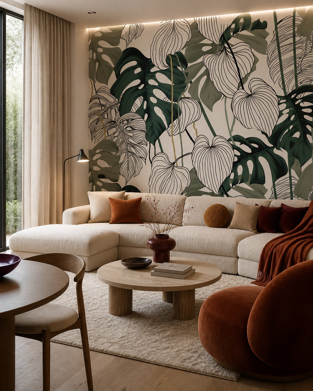 Monstera line art wallpaper in a designer living room.