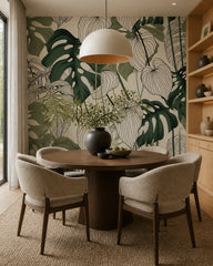 Monstera line art wallpaper in a refined dining area.
