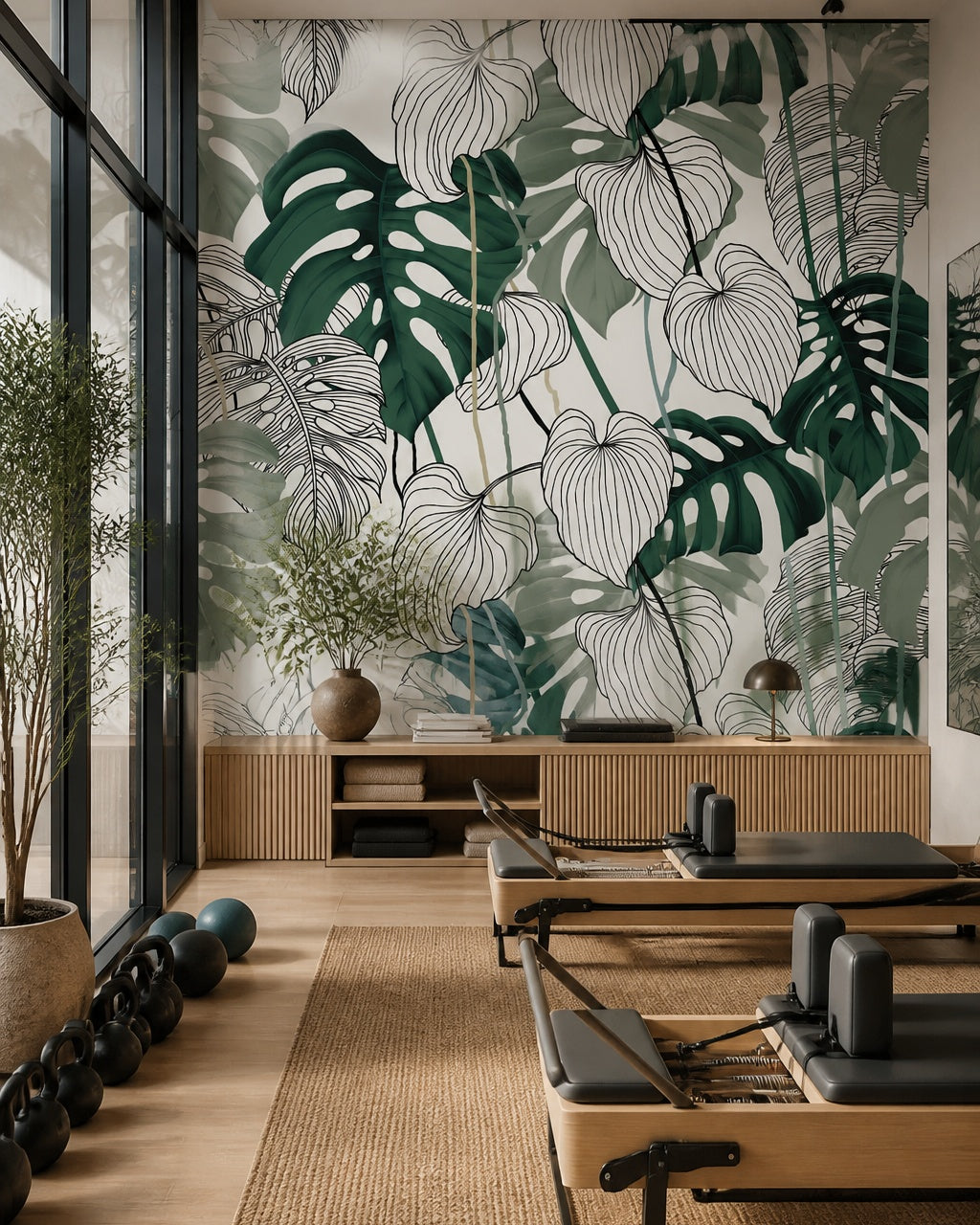 Monstera line art wallpaper in a fitness studio.