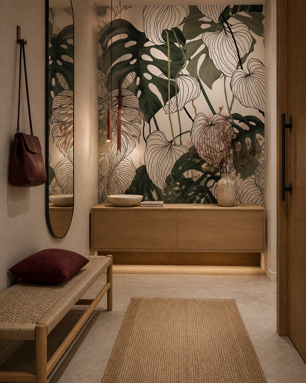 Monstera line art wallpaper in a designer entrance hall.