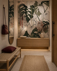 Monstera line art wallpaper in a designer entrance hall.
