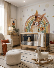 Rainbow squirrel wallpaper in a modern nursery with a crib.
