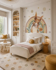 Rainbow squirrel wallpaper in a toddler bedroom with a child-sized bed.