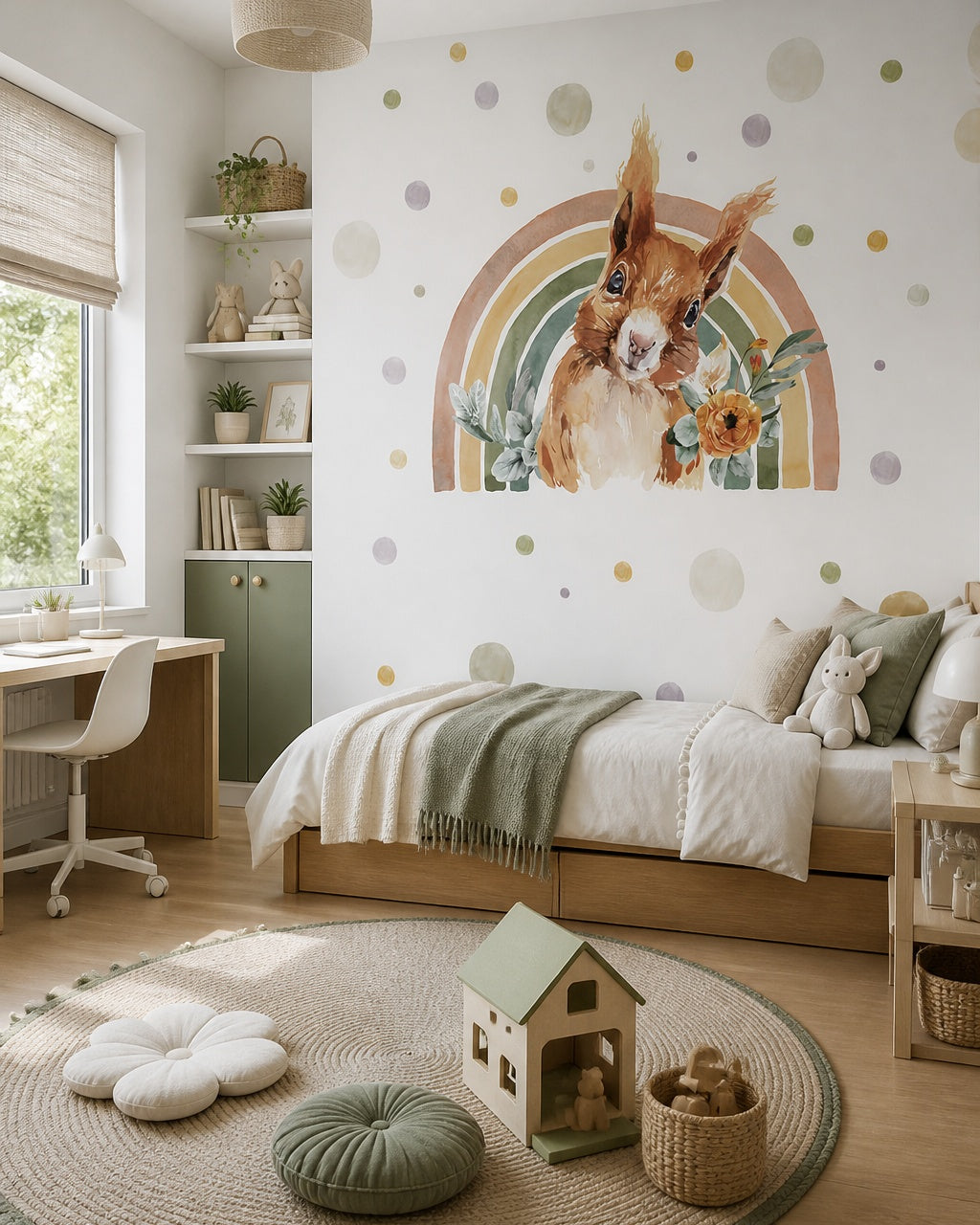 Rainbow squirrel wallpaper in a girl’s bedroom.