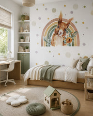 Rainbow squirrel wallpaper in a girl’s bedroom.