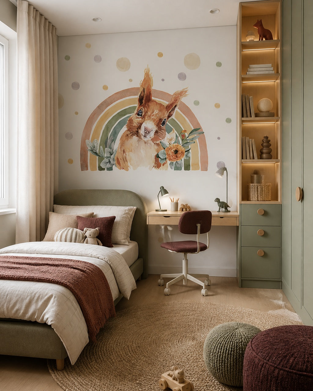 Rainbow squirrel wallpaper in a boy’s bedroom.