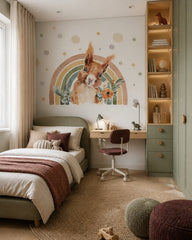 Rainbow squirrel wallpaper in a boy’s bedroom.
