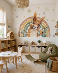 Rainbow squirrel wallpaper in a children’s playroom.