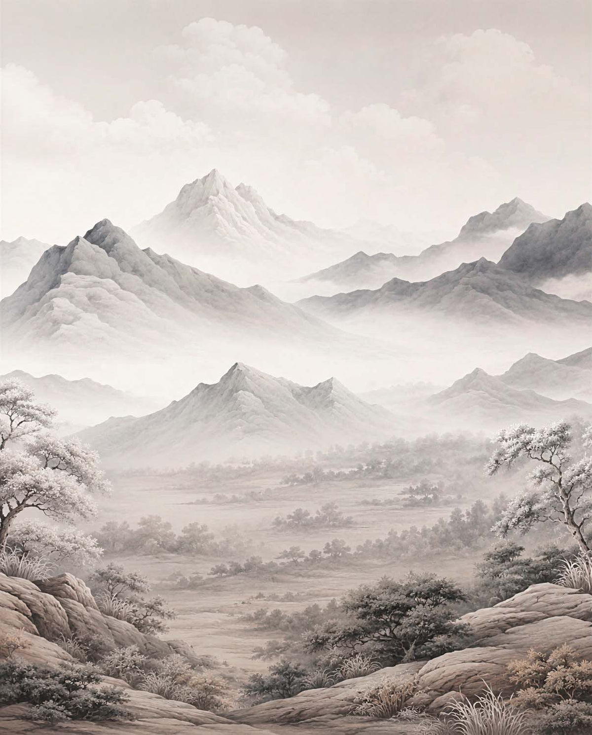 Papier peint montagnes brumeuses – Panoramique paysage à l’encre de Chine gris et crème