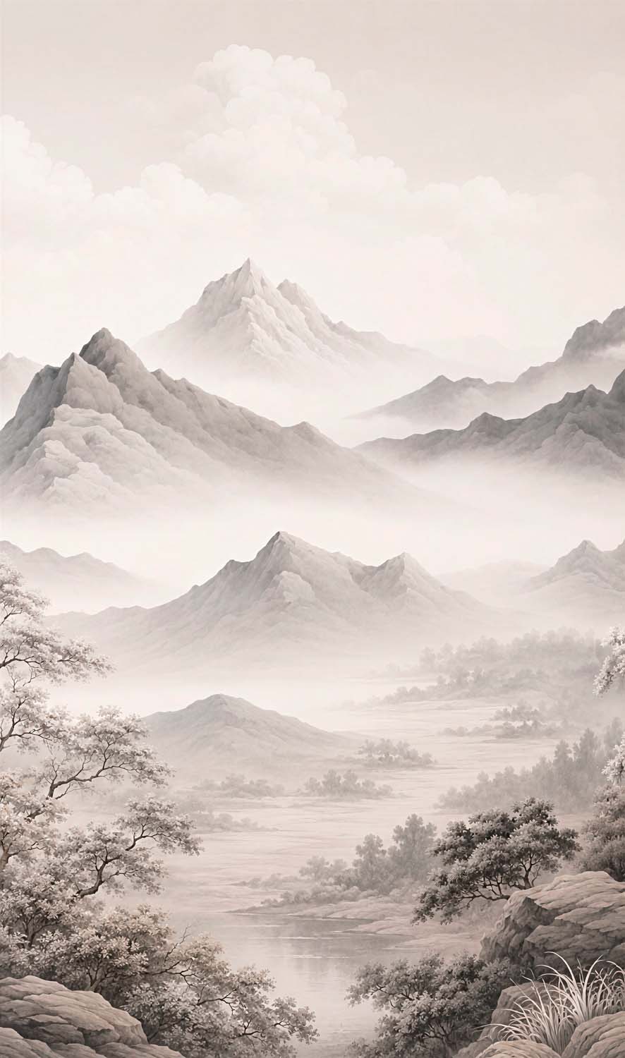 Papier peint montagnes brumeuses verticales – Panoramique paysage à l’encre gris