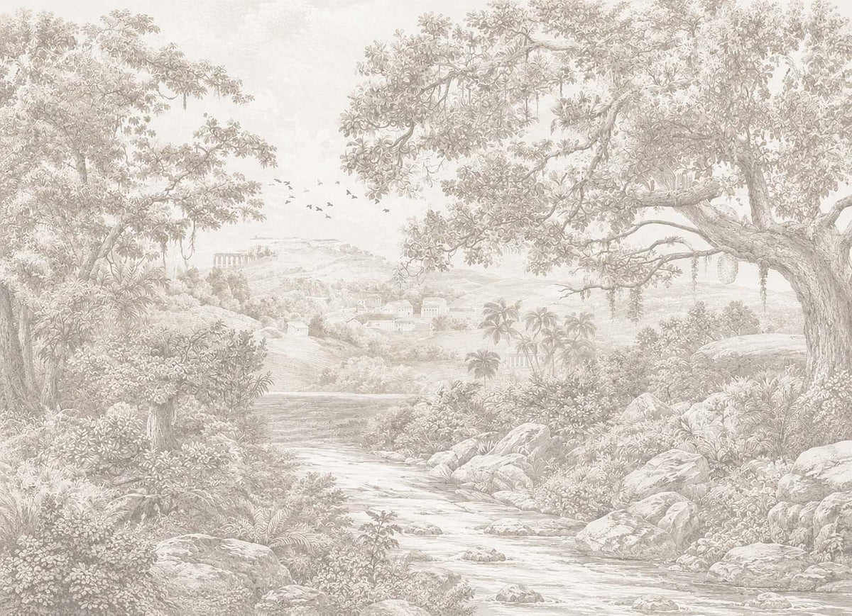 Vintage gravure landschap behang – sepia bomen en rivier fotobehang