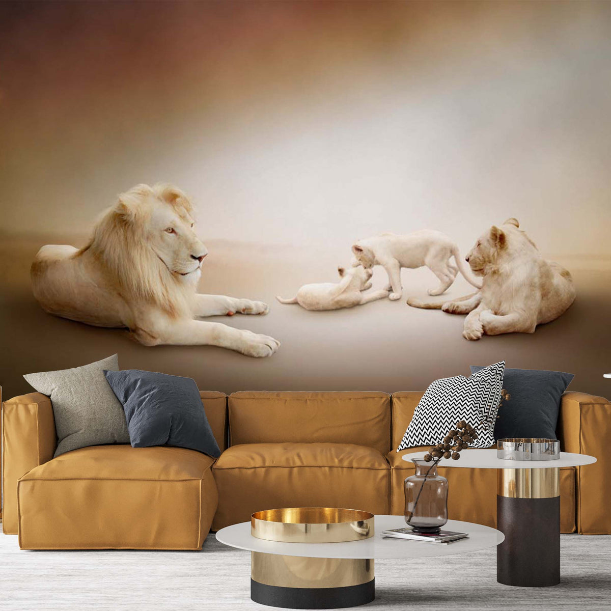 Custom White Lions Family Beige Undertones Wallpaper Animals Wall Mural