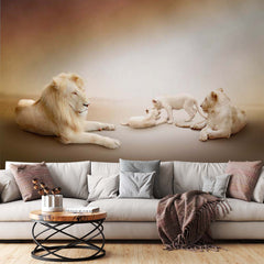 Custom White Lions Family Beige Undertones Wallpaper Animals Wall Mural