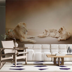 Custom White Lions Family Beige Undertones Wallpaper Animals Wall Mural