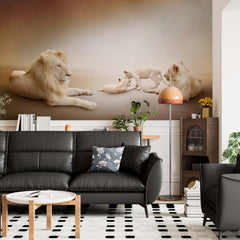 Custom White Lions Family Beige Undertones Wallpaper Animals Wall Mural