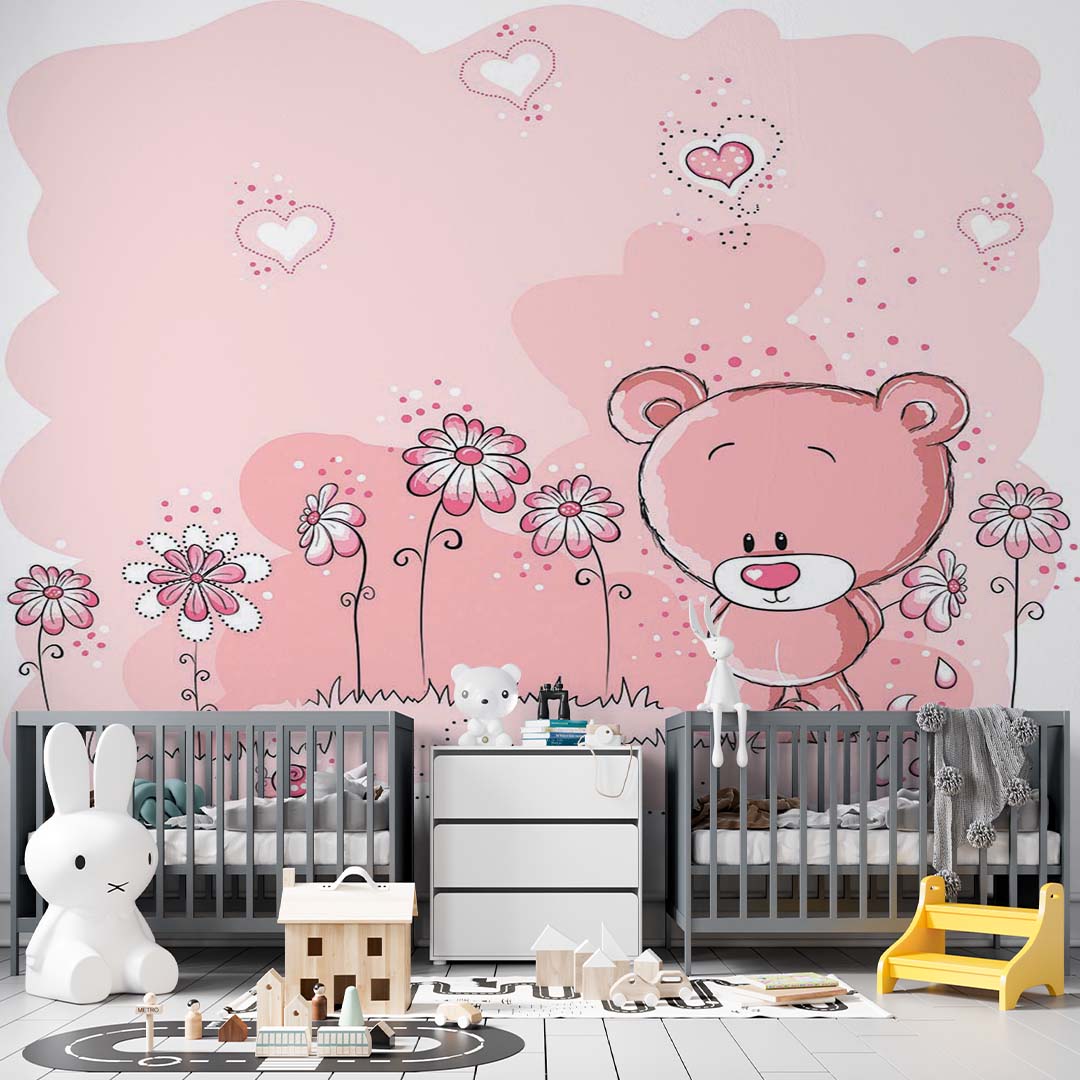 Kids Wal Mural Pink Flowers Hearts Teddy Bear