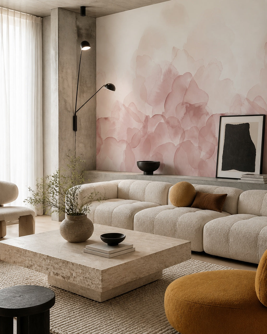 Blush pink abstract watercolor wall mural in a designer living room.