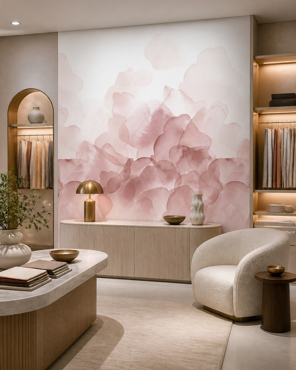 Blush pink abstract watercolor wall mural in a design showroom.