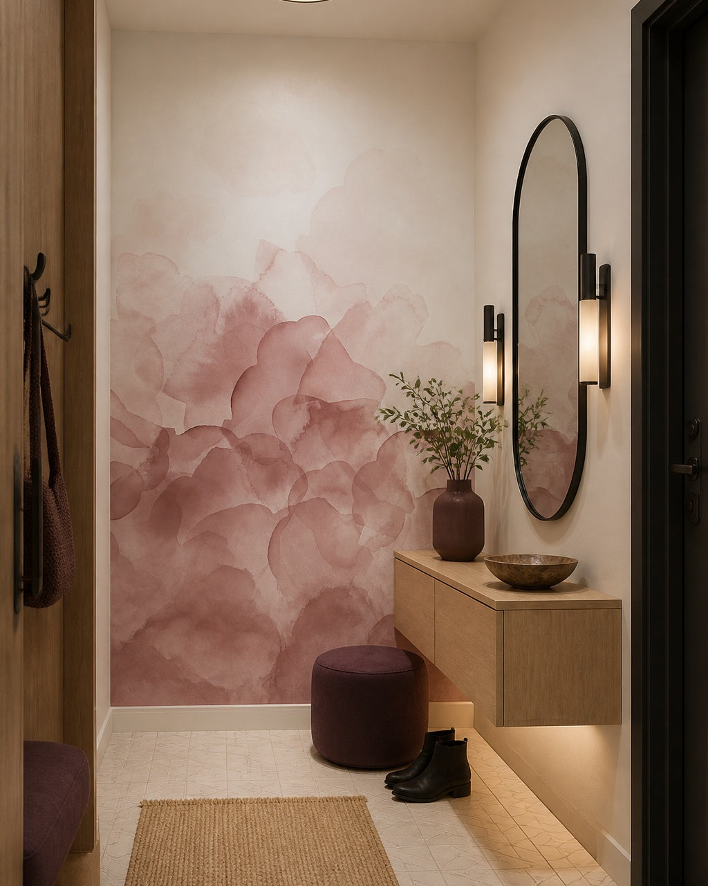 Blush pink abstract watercolor wall mural in an architectural hallway.