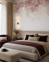 Blush blossom wallpaper in a designer bedroom.