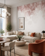 Blush blossom wallpaper in a designer living room.