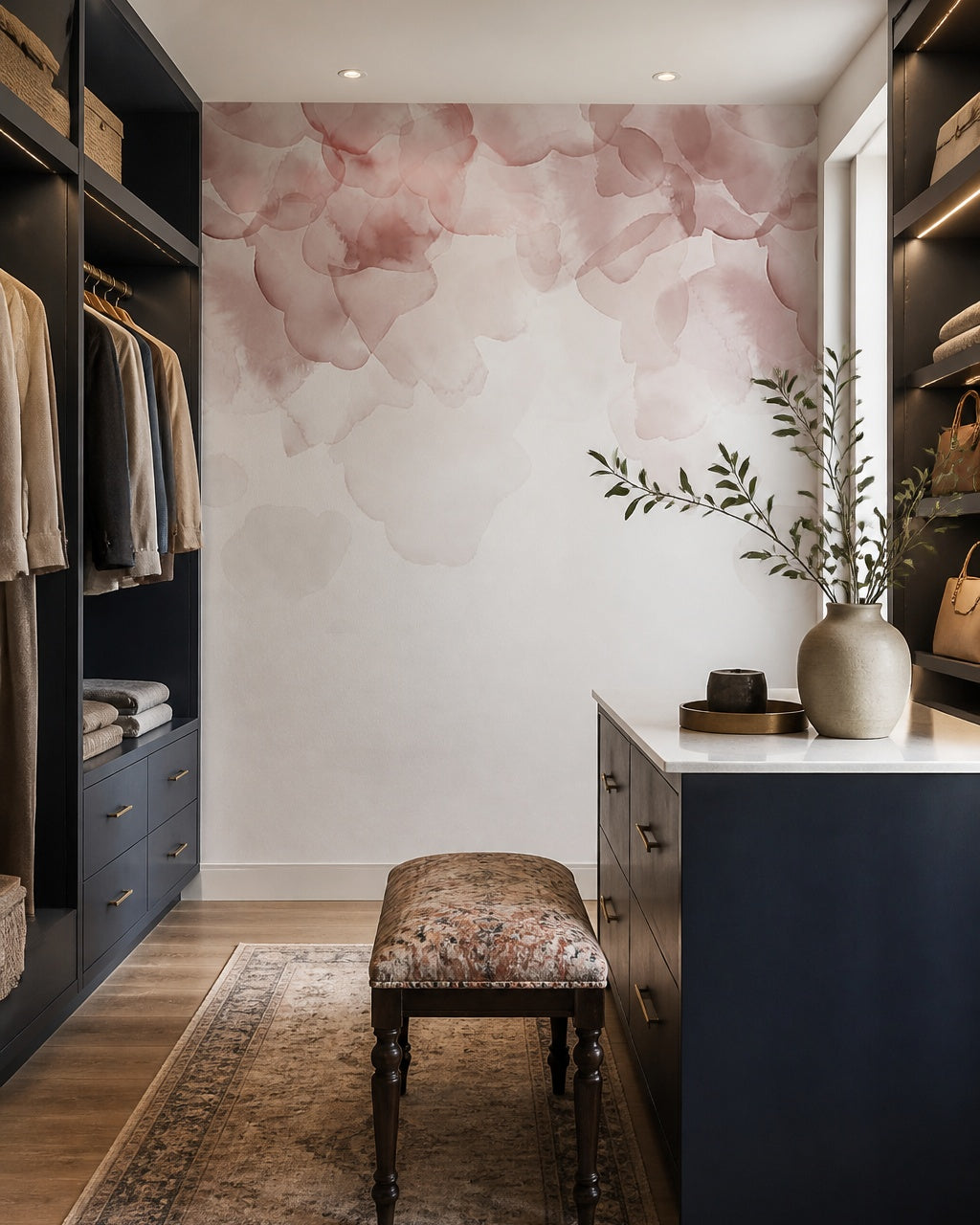 Blush blossom wallpaper in a walk-in wardrobe.