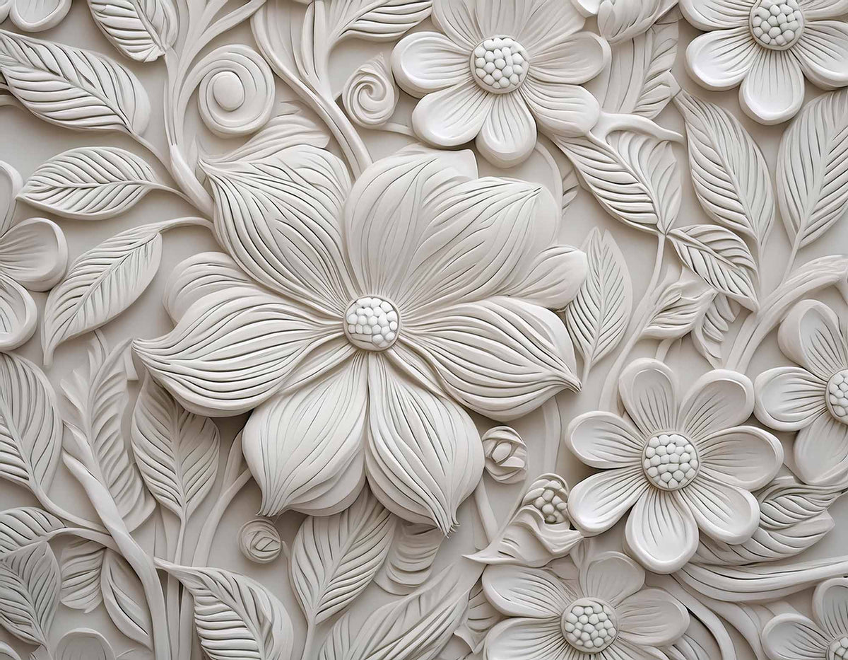 Flores esculpidas em 3D cinza – papel de parede com relevo floral entalhado