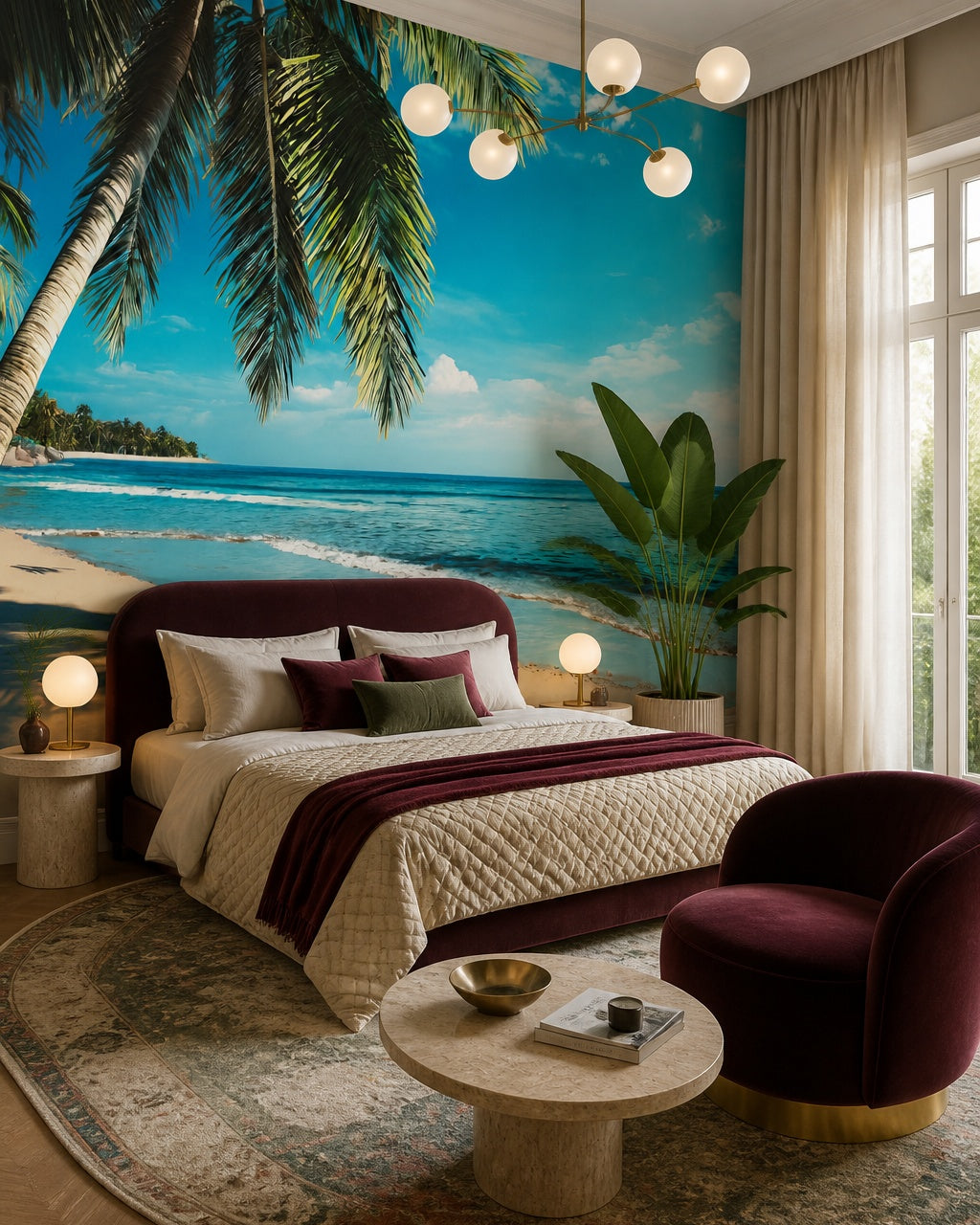 Palm beach wallpaper in a designer bedroom.