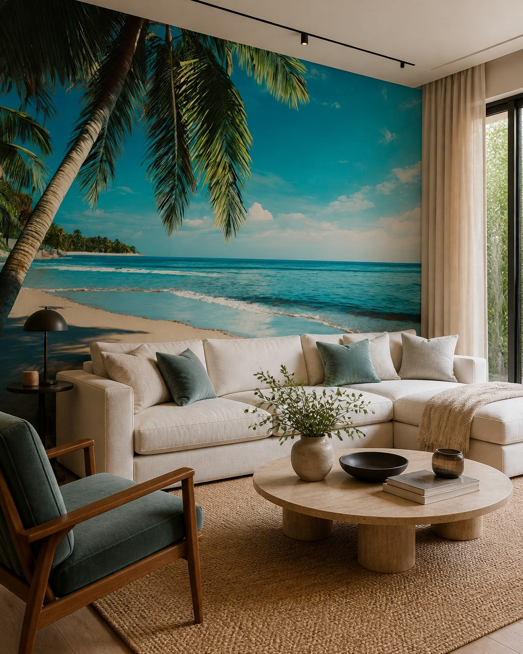Palm beach wallpaper in a designer living room.