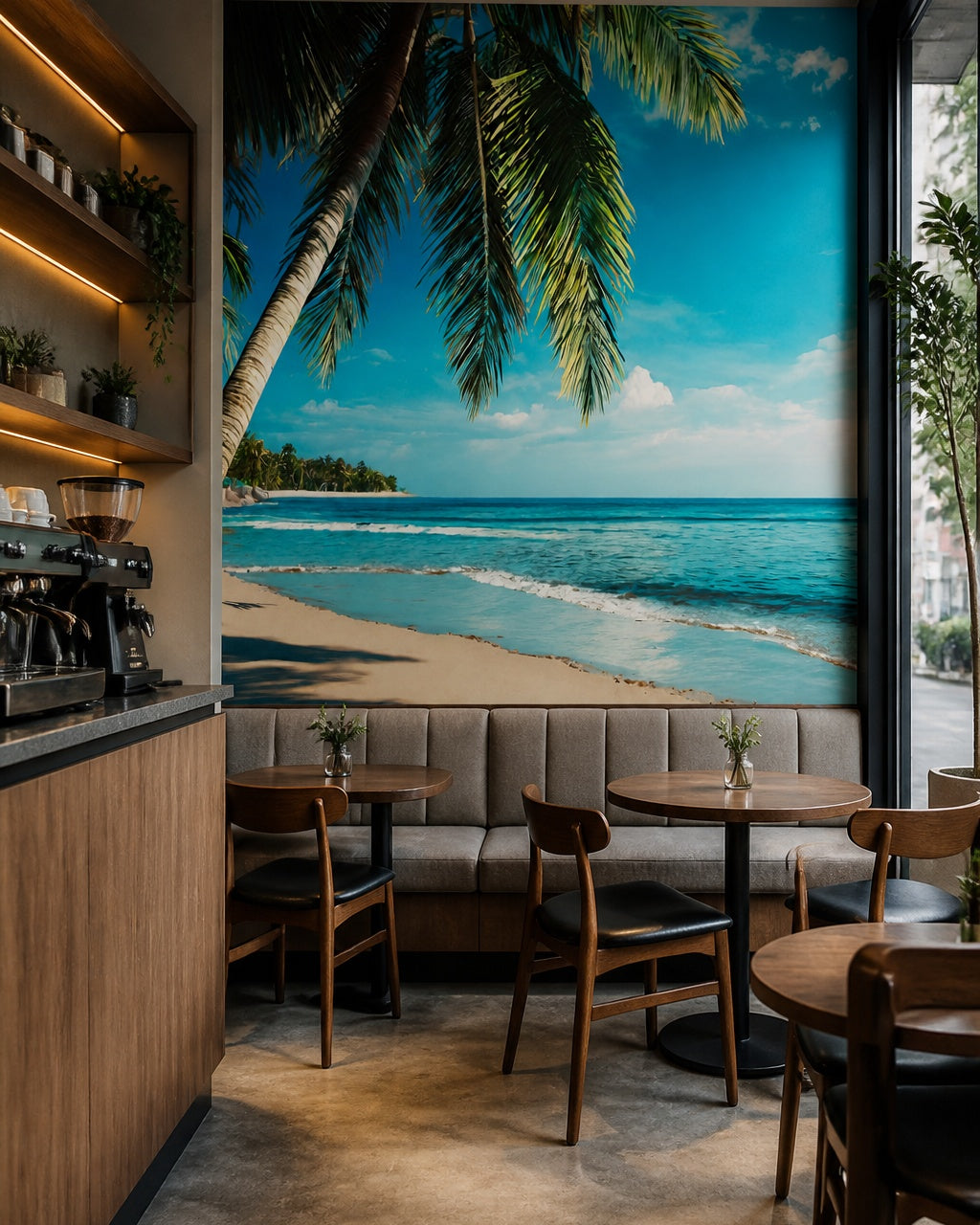 Palm beach wallpaper in a specialty coffee shop.