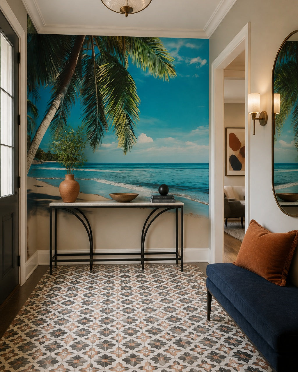 Palm beach wallpaper in a refined foyer.